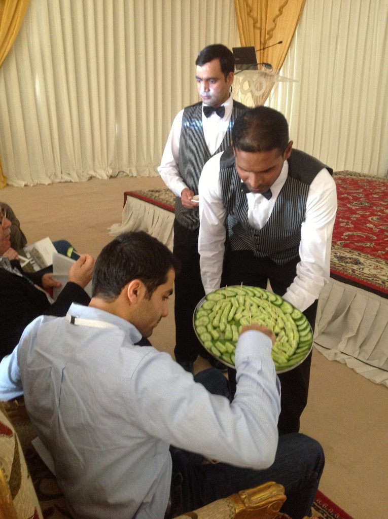 The first cucumbers grown in the desert using sea water and solar power are served to invited guests at Sahara Forest Project Pilot Facility in Qatar.